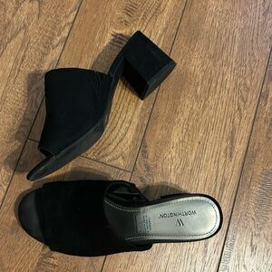 Women’s black open back block heels